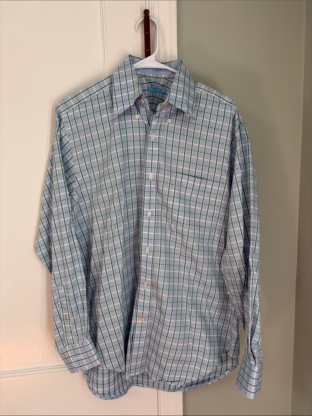 J. McLaughlin Men's Blue Green Plaid Button-Down Shirt Size Medium 100% Cotton
